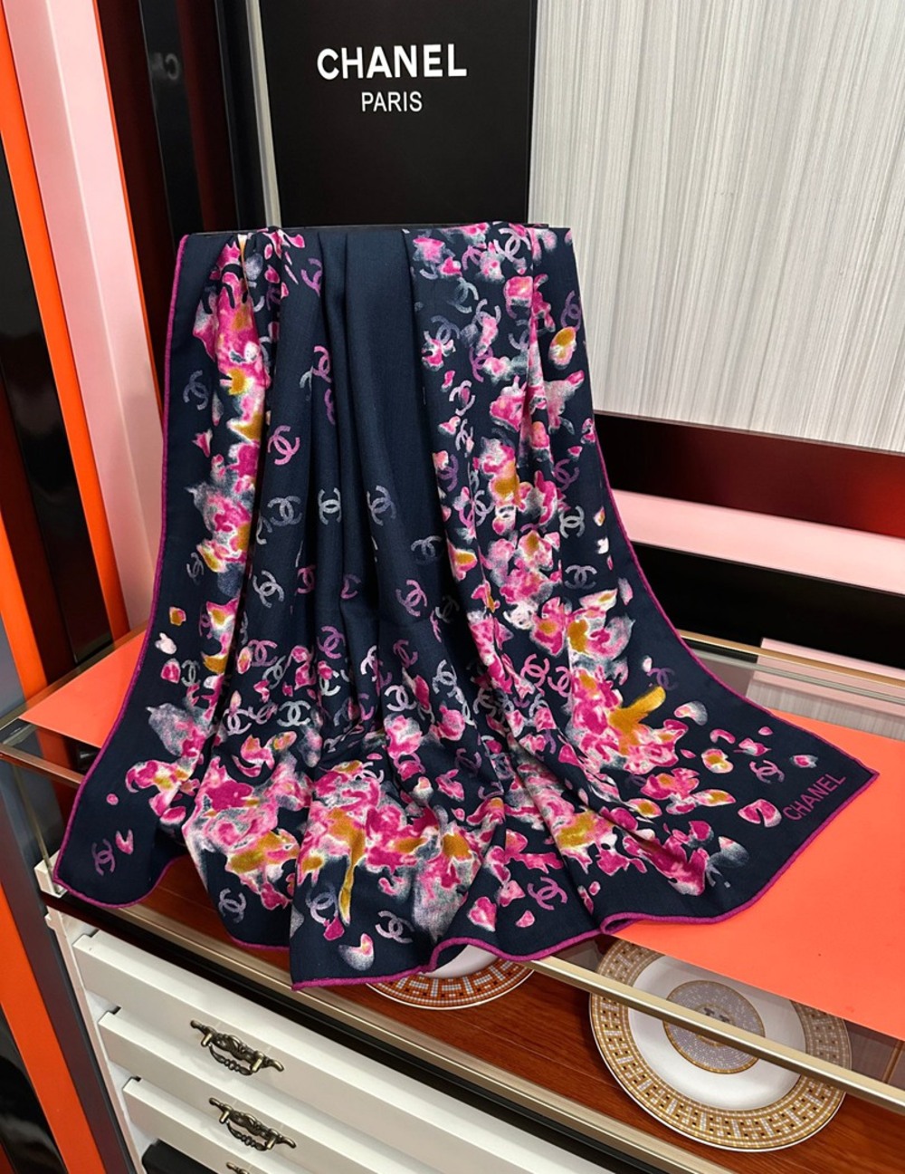 Chanel Watercolor Flower Print Large Square Scarf Navy Multi‑Color - Picture 4 of 8